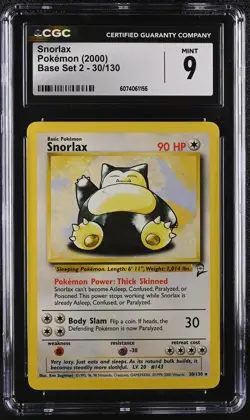 CGC 9 MINT Snorlax 2000 Base Set 2 30/130 Pokemon Card - Image 1