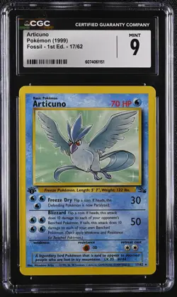 CGC 9 MINT Articuno 1999 Fossil 1st Edition 17/62 Pokemon Card - Image 1