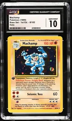 CGC 10 GEM MINT Machamp 1999 Base Set 1st Edition 8/102 Holo Pokemon Card - Image 1