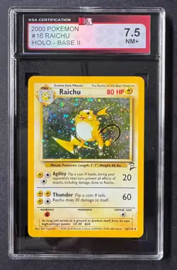 2000 Pokemon #16 Raichu Holo Base II Trading Card KSA 7.5 NM+ PTCG Game - Image 1