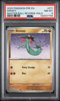 2025 POKEMON PRE EN-PRISMATIC EVOLUTIONS MASTER BALL REVERSE HOLO DREEPY PSA 8 - Image 1