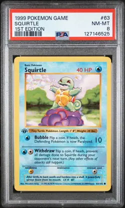 1999 Pokemon 1st Edition Shadowless Squirtle #63 PSA 8 - Image 1