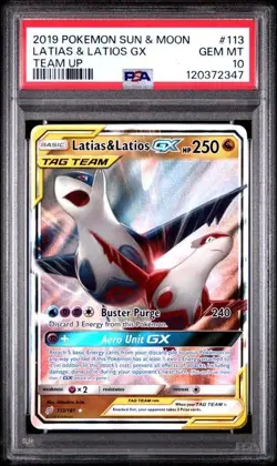 2019 POKEMON SUN & MOON TEAM UP #113 LATIAS & LATIOS GX PSA 10 - Image 1