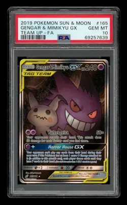 2019 Pokemon Sun & Moon Team Up-Fa: #165 Gengar & Mimikyu Gx PSA 10 GEM MINT - Image 1