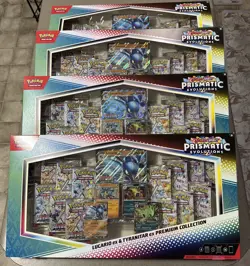Lot (4) Pokemon TCG Prismatic Evolutions Lucario Ex Tyranitar Premium Collection - Image 1
