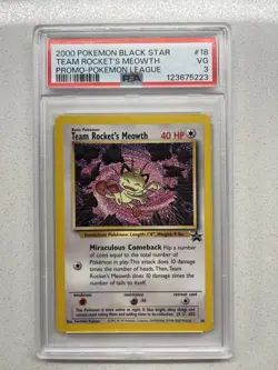 2000 POKEMON PROMO BLACK STAR POKEMON LEAGUE #18 TEAM ROCKET'S MEOWTH PSA 3 - Image 1
