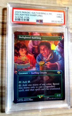 Magic The Gathering Lord of the Rings Delighted Halfling #402 Scene Foil PSA 9 - Image 1