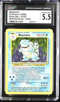 CGC 5.5 Blastoise 1999 Base Set 2/102 Red Dot Error Holo Pokemon Card - Image 1