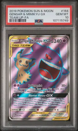 2019 POKEMON SUN & MOON TEAM UP #164 FULL ART/GENGAR & MIMIKYU GX PSA 10 - Image 1