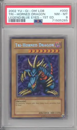PSA 8 - Yu-Gi-Oh Card - LOB-000 - TRI HORNED DRAGON (secret) *1st Edition* NM-MT - Image 1