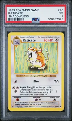 1999 POKEMON BASE SET SHADOWLESS #40 RATICATE PSA 7 - Image 1