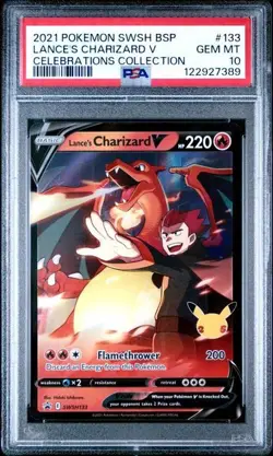 PSA 10 GEM MINT Pokemon Celebrations Lance’s Charizard V Promo Card SWSH133 - Image 1