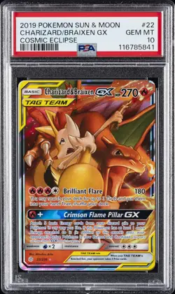 2019 POKEMON SUN & MOON COSMIC ECLIPSE #22 CHARIZARD & BRAIXEN GX PSA 10 - Image 1
