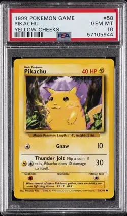 1999 POKEMON BASE SET YELLOW CHEEKS #58 PIKACHU PSA 10 - Image 1