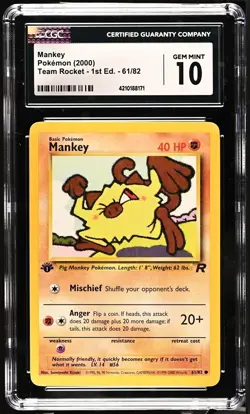 Mankey 61/82 1st Edition Pokemon Team Rocket CGC 10 Gem Mint - Image 1