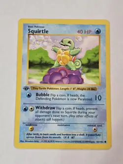 SQUIRTLE Pokemon Card - WOTC - 1st Edition - Base Set - Shadowless 63/102 MP - Image 1