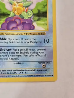 SQUIRTLE Pokemon Card - WOTC - 1st Edition - Base Set - Shadowless 63/102 MP - Image 2