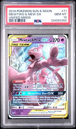 2019 POKEMON SUN & MOON UNIFIED MINDS #71 MEWTWO & MEW GX PSA 10 - Image 1