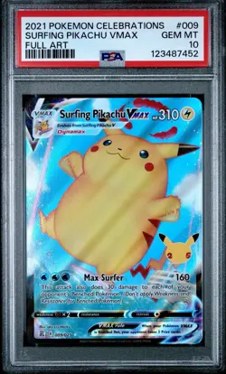 2021 POKEMON CELEBRATIONS #009 FULL ART SURFING PIKACHU VMAX PSA 10 - Image 1