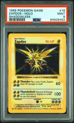 Pokemon Zapdos Base Set Shadowless Holo Rare #16 PSA 9 Mint - Image 1