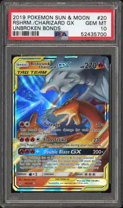 2019 POKEMON SUN & MOON UNBROKEN BONDS #20 RESHIRAM & CHARIZARD GX PSA 10 - Image 1