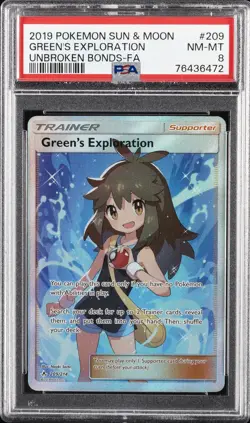 2019 POKEMON SUN & MOON UNBROKEN BONDS #209 FULL ART/GREEN'S EXPLORATION PSA 8 - Image 1