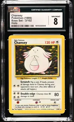 1999 POKEMON Base Set - Chansey 3/102 Holo Rare Vintage WoTC Card NM/ MINT CGC 8 - Image 1