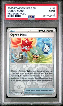 2025 POKEMON PRE EN-PRISMATIC EVOLUTIONS REVERSE HOLO #118 OGRE'S MASK PSA 9 - Image 1