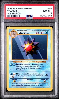 Pokemon Base Set 1st Edition Shadowless Grey Gray Stamp Starmie 64/102 PSA 8 - Image 1