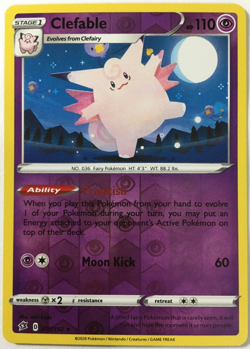 POKEMON CLEFABLE 075/192 REBEL CLASH RARE REVERSE HOLO NEAR MINT - Image 1