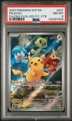 2023 POKEMON PALDEA EVOLVED POKEMON CENTER ETB PROMO #027 PIKACHU PSA 8 - Image 1