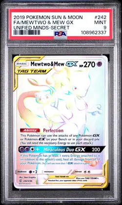 Pokemon Card PSA 9 Mewtwo & Mew GX Rainbow Rare Unified Minds 242/236 - Image 1
