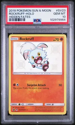 2019 POKEMON SUN & MOON HIDDEN FATES #SV23 ROCKRUFF-HOLO PSA 10 - Image 1