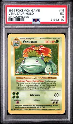 PSA 5 EX Shadowless Venusaur Holo #15/102 Base Set 1999 Pokemon WoTC Excellent - Image 1