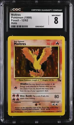 CGC 8 Moltres 1999 Fossil 12/62 Holo Pokemon Card - Image 1