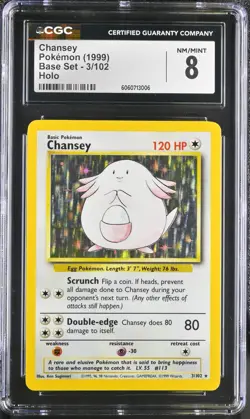 CGC 8 NM/MINT Chansey 1999 Base 3/102 Holo Pokemon Card psa - Image 1