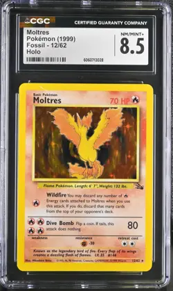CGC 8.5 NM/MINT+ Moltres 1999 Fossil 12/62 Holo Pokemon Card psa - Image 1