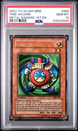 2002 YU-GI-OH! MRD-METAL RAIDERS 1ST ED #065 TIME WIZARD PSA 10 - Image 1