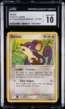 2004 POKEMON EX TEAM ROCKET RETURNS #71 RATTATA CGC 10 GEM MINT - Image 1