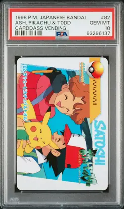 1998 POKEMON JPN BANDAI CARDDASS VENDING #82 ASH, PIKACHU & TODD PSA 10 - Image 1