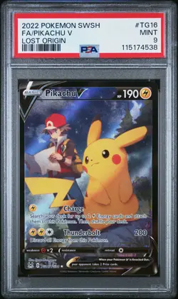 2022 POKEMON SWORD & SHIELD LOST ORIGIN #TG16 FULL ART/PIKACHU V PSA 9 - Image 1
