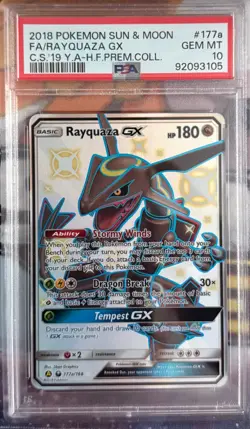 2018 POKEMON SUN & MOON FULL ART RAYQUAZA GX #177A PSA 10 - Image 1