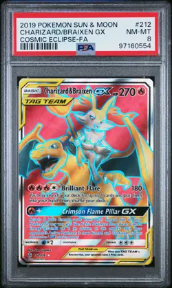 2019 POKEMON SUN & MOON COSMIC ECLIPSE FULL ART/CHARIZARD & BRAIXEN GX PSA 8 - Image 1