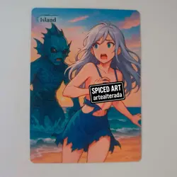 Altered Art MTG Card - Island - Retro Anime Girl & Monster Spiced Art - Image 1