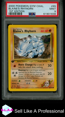 BLAINE'S RHYHORN 1ST EDITION POKEMON GYM CHALLENGE 2000 65 PSA 9 - Image 1