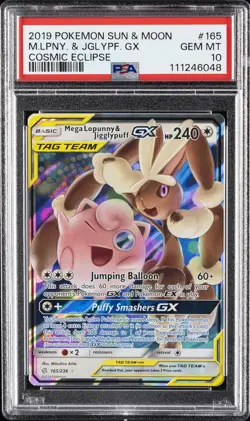 2019 POKEMON SUN & MOON COSMIC ECLIPSE #165 MEGA LOPUNNY & JIGGLYPUFF GX PSA 10 - Image 1