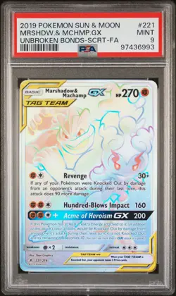 2019 POKEMON SUN & MOON UNBROKEN BONDS FULL ART/MARSHADOW & MACHAMP GX PSA 9 - Image 1