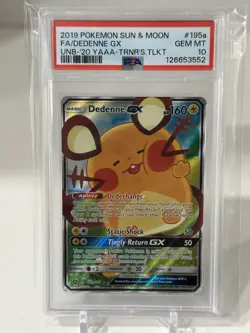 PSA 10 2019 POKEMON SUN & MOON UNBROKEN BONDS #195A FULL ART/DEDENNE GX ALT ART - Image 1