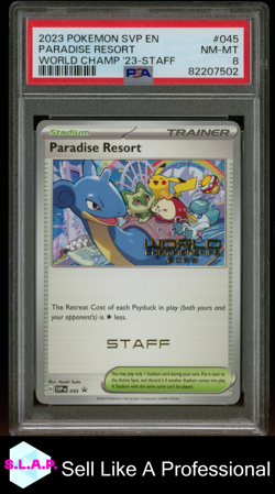 PARADISE RESORT WORLD CHAMP '23 POKEMON SVP EN-SV BLCK STR PRM 2023 045 PSA 8 - Image 1