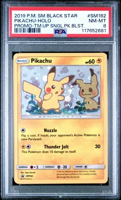 POKEMON TEAM UP SM BLACK STAR PROMO PIKACHU #SM162 HOLO PSA 8 NM #117652681 - Image 1